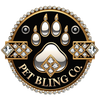 Logo of Pet Bling Co. with paw prints and gemstones on a black background