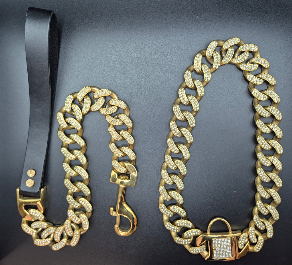 Gold chain dog collar and leash set on a black leather surface