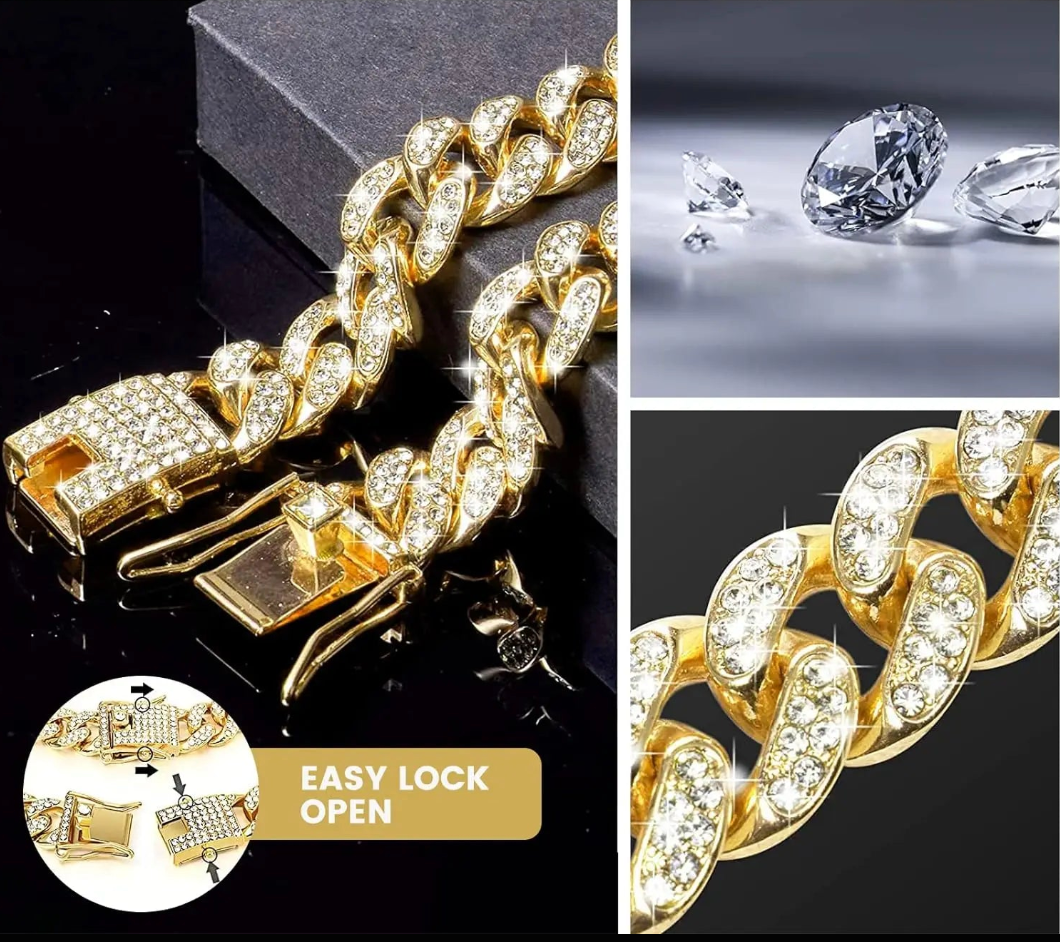 Gold chain bracelet with diamond accents and 'Easy Lock Open' feature on a black background.